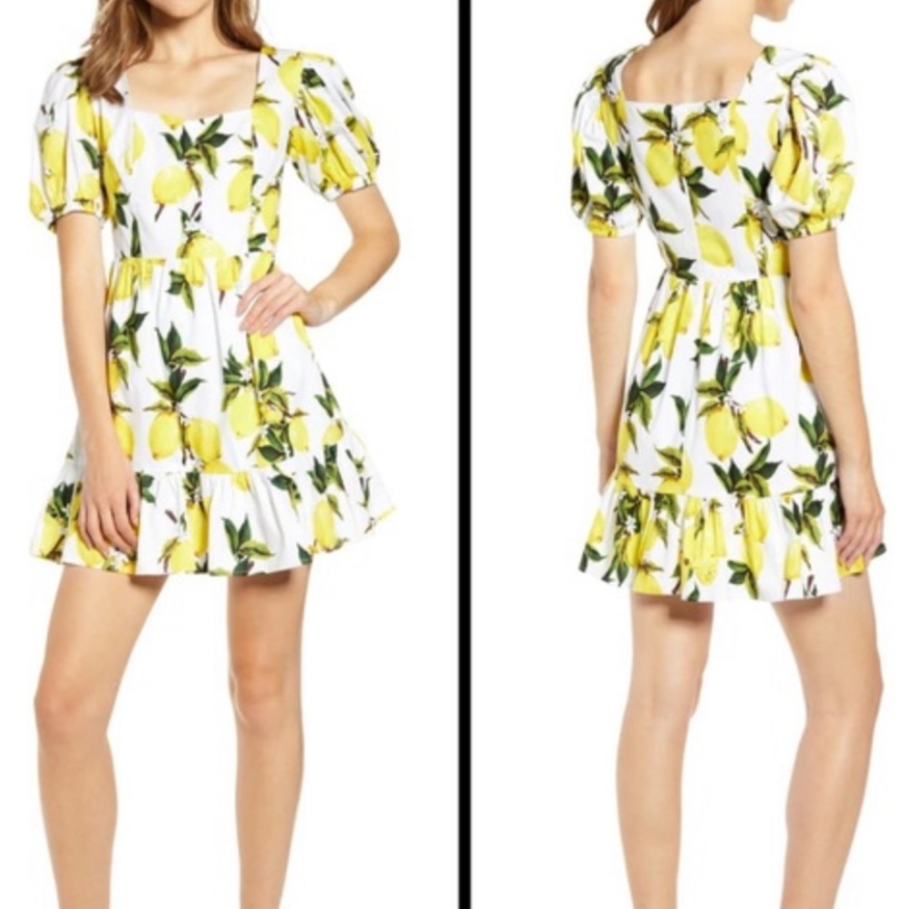 English Factory Lemon Puff Sleeves Mini Dress Size Medium